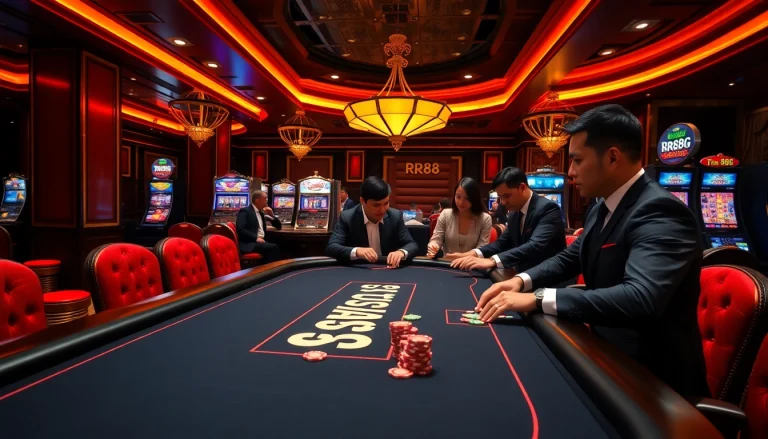 Experience the excitement of rr88 at a luxurious casino table, engaging players and vibrant atmosphere.
