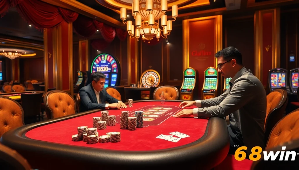 Players engage in a high-stakes game at a luxurious casino table with a focus on 68win.