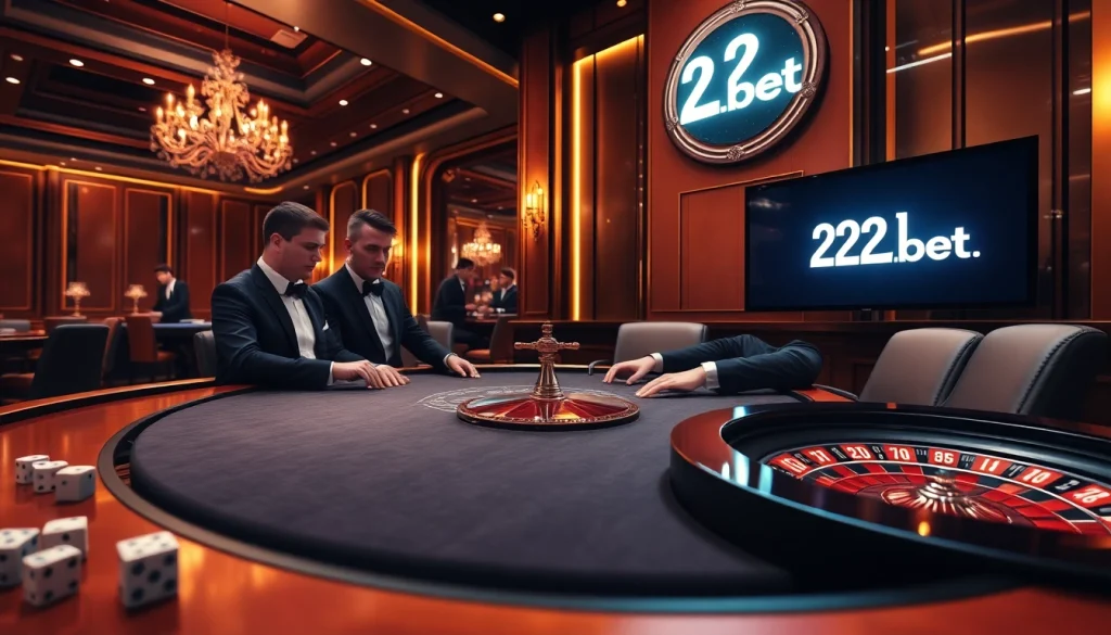 Exciting live dealer blackjack action at a luxurious casino featuring 22bet branding.
