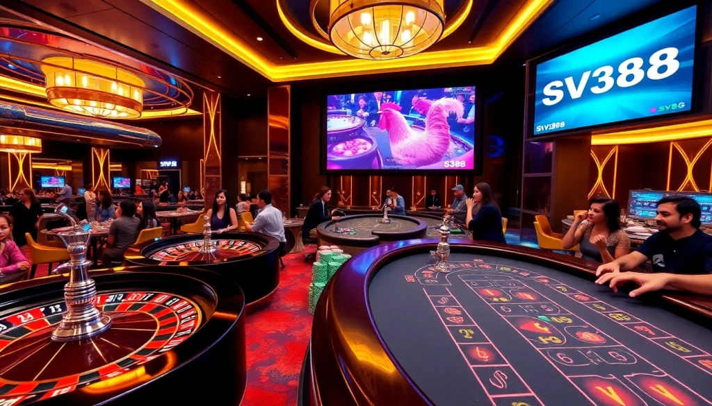 Experience the thrill of SV388 with vibrant poker chips and roulette wheels in a luxury casino setting.