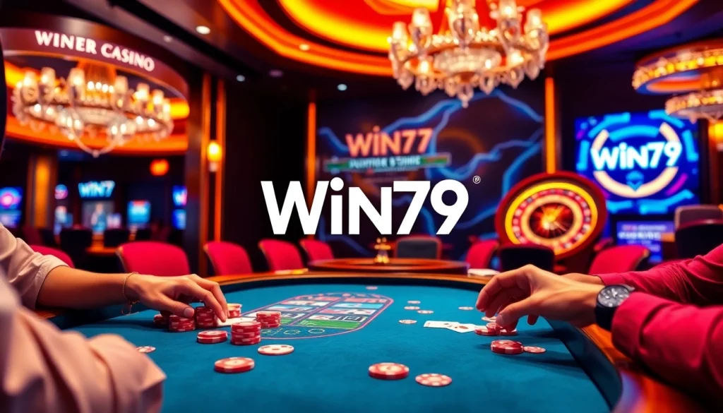 Win79 players enjoying a thrilling poker game at a well-lit casino.