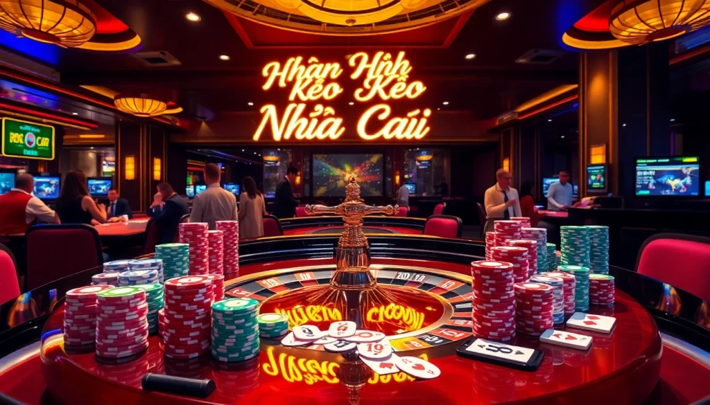 Engaging scene of a casino highlighting nhận định kèo nhà cái, featuring a roulette table and vibrant poker chips.
