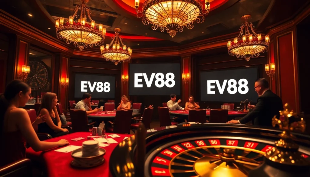 Players engaging in a high-stakes poker game at Ev88's luxurious casino tables.