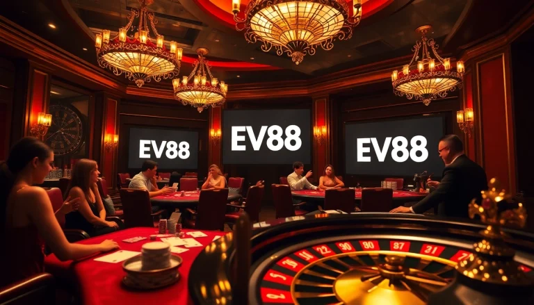 Players engaging in a high-stakes poker game at Ev88's luxurious casino tables.