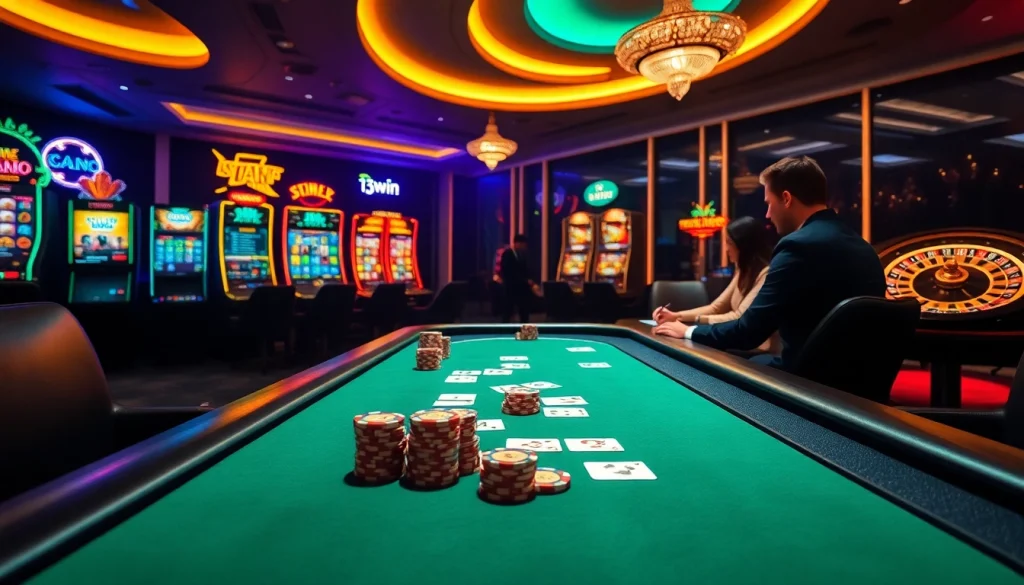 Win big with 13win at an elegant poker table filled with vibrant chips and luxury ambiance.