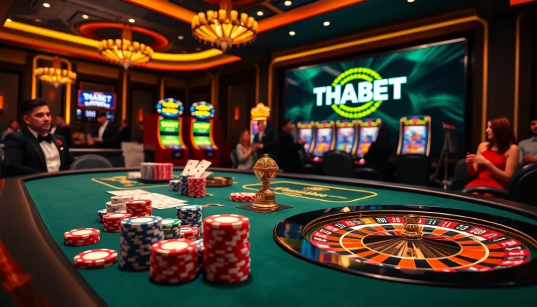 Experience high-stakes gaming at THABET with a vibrant casino scene featuring poker tables and roulette.