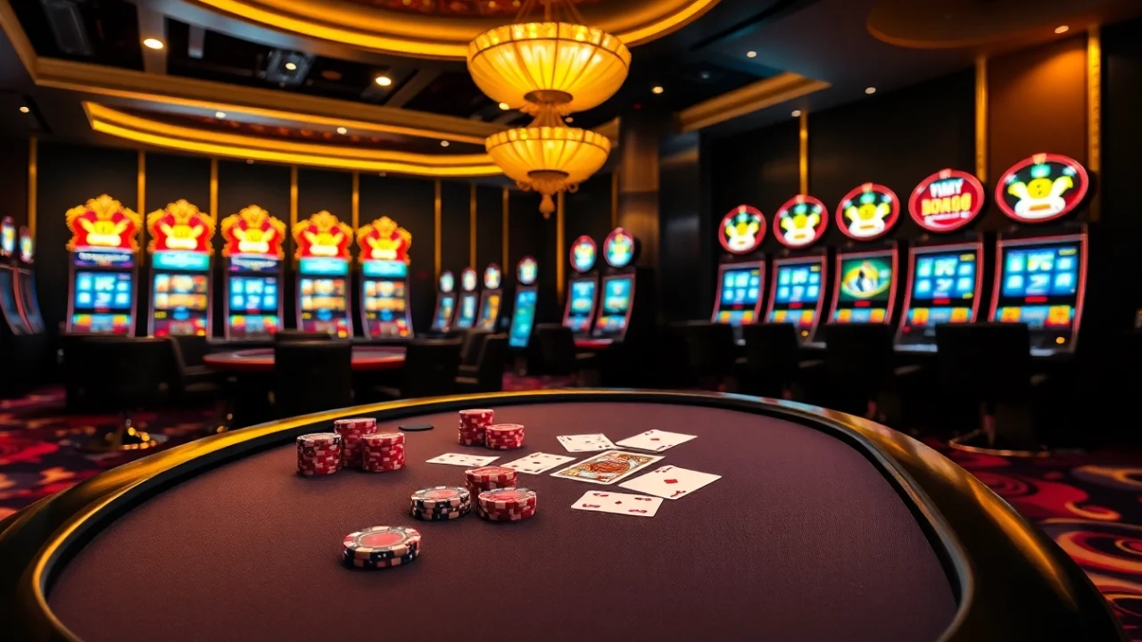 S8 casino excitement with poker chips, roulette wheel, and vibrant slot machines.