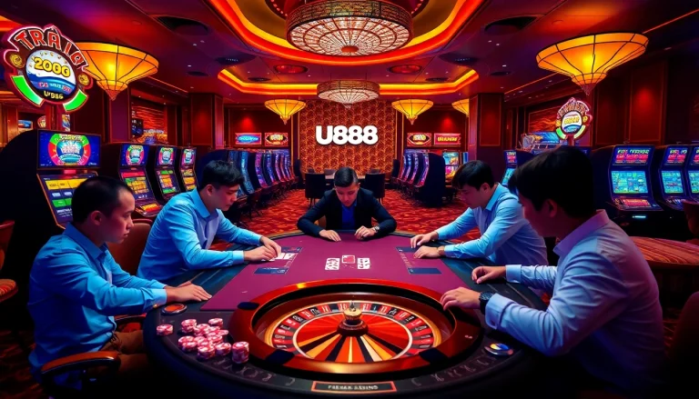 Players engaging in a thrilling U888 casino game at a luxurious poker table.