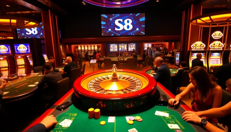 S8 casino scene with elegant roulette wheel and vibrant poker tables, capturing the thrill of gambling.