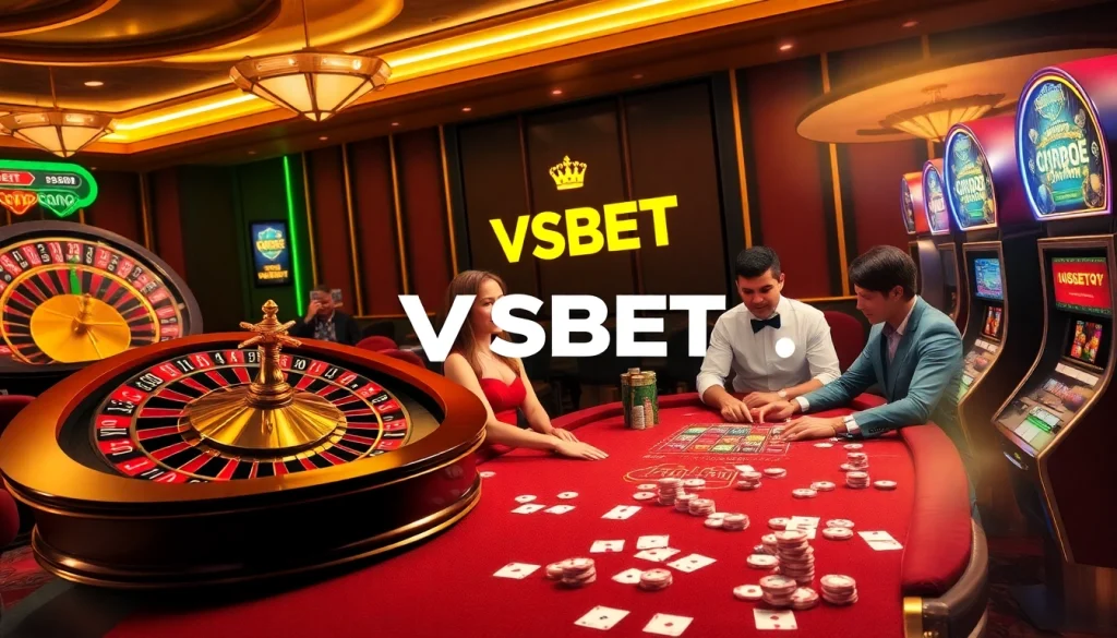 Exciting gameplay at VSBET with players enjoying casino tables and vibrant slot machines