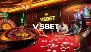 Exciting gameplay at VSBET with players enjoying casino tables and vibrant slot machines