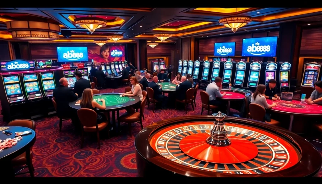 Players enjoying games at the luxurious abc888 casino, with vibrant slot machines and roulette.