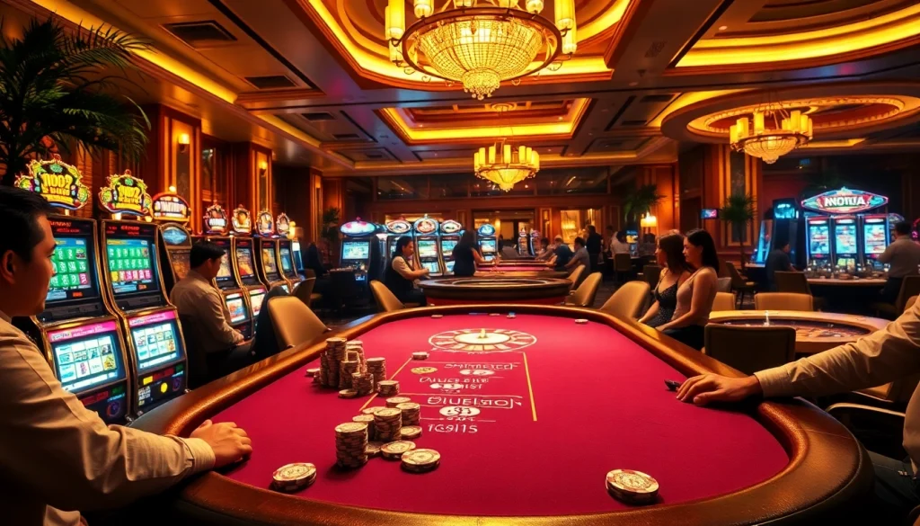 Nohu-themed casino scene with poker tables, slot machines, and vibrant decor.