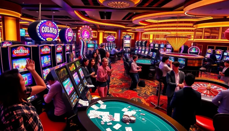 Excited gamblers enjoying various machines at Situs Slot Terpercaya in a luxurious casino setting.