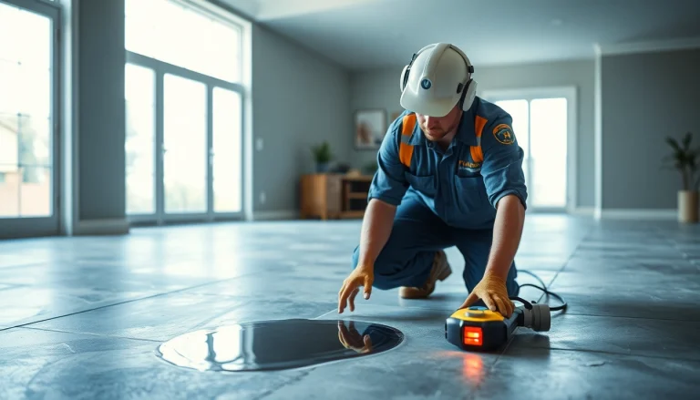 Technician detecting a leak in concrete floor using advanced technology