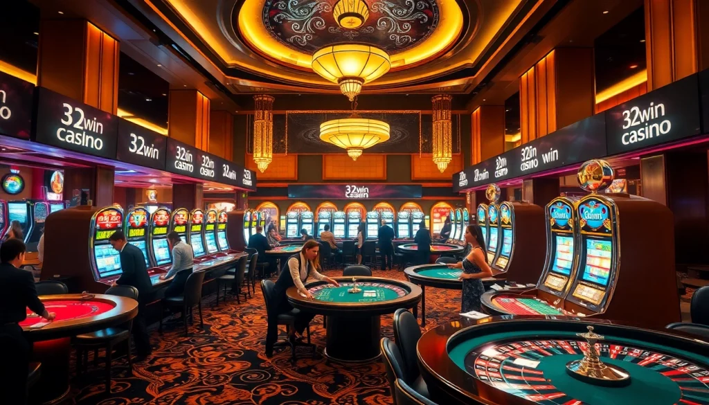 Experience the thrill of winning at 32win's glamorous casino tables with vibrant lights and dynamic action.
