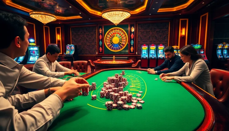 Players strategize in a vibrant TV88 casino scene, emphasizing excitement and professionalism.