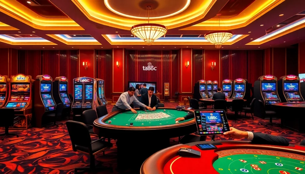 Players enjoying ta88c at a luxury casino table with engaging games and bright slot machines.