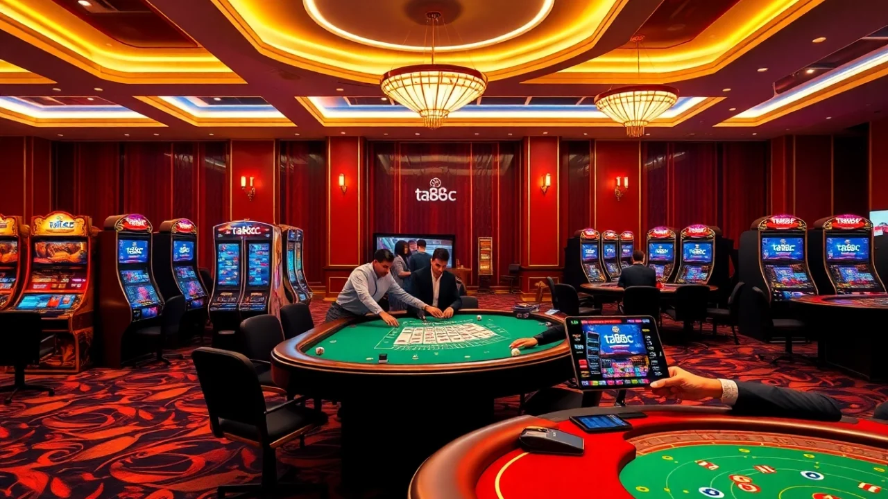 Players enjoying ta88c at a luxury casino table with engaging games and bright slot machines.