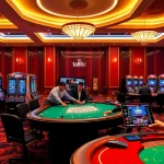 Players enjoying ta88c at a luxury casino table with engaging games and bright slot machines.