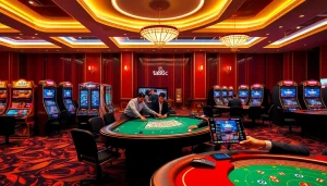Players enjoying ta88c at a luxury casino table with engaging games and bright slot machines.