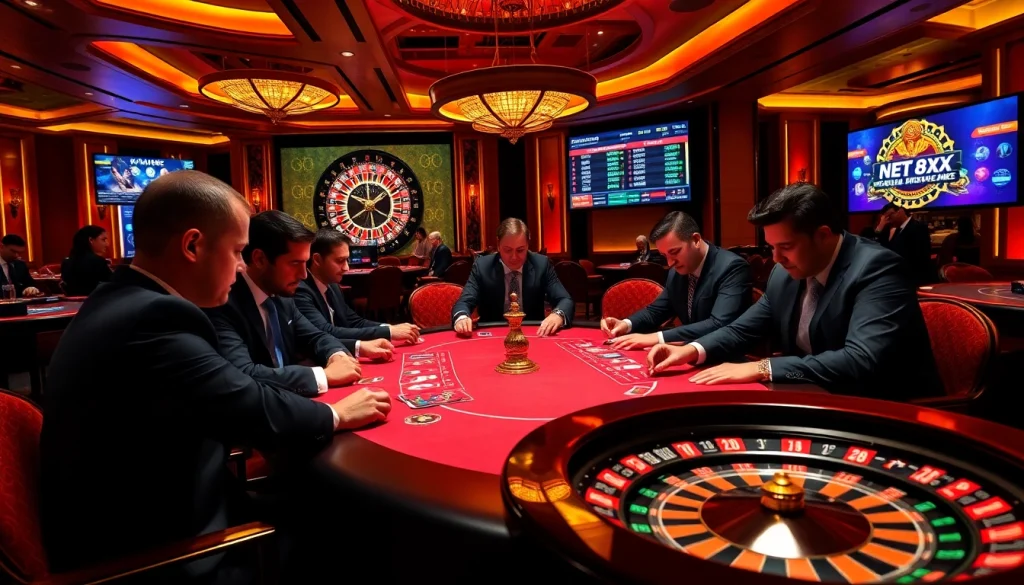 Exciting casino experience at https://net88x.net/ with professional gamblers at a poker table.