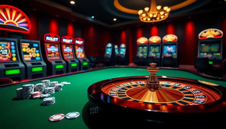 Experience the thrill of betting with 12bet's vibrant casino atmosphere featuring roulette and slot machines.