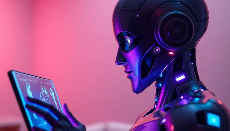 AI sex interaction between a humanoid robot and holographic interface, showcasing intimacy and technology.