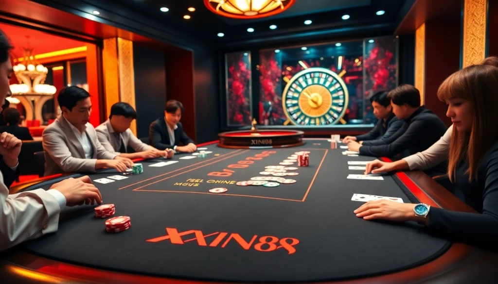 Exciting poker game at XIN88 casino with vibrant chips and modern table setup.