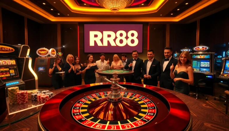 Experience thrilling gameplay at RR88 with a luxurious casino atmosphere featuring roulette and poker chips.