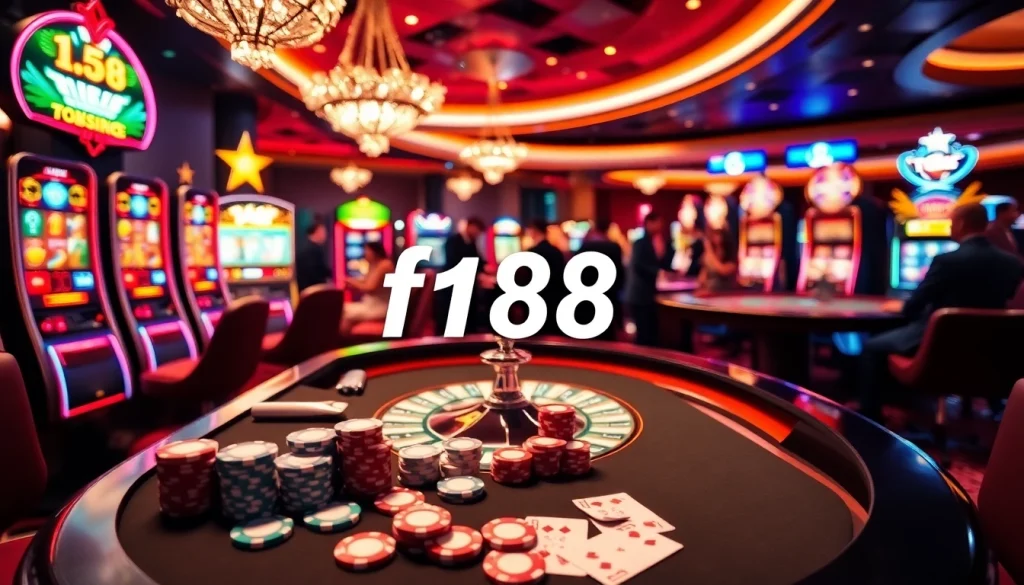 Experience the excitement of f168 as players engage at a vibrant casino table filled with chips and cards.