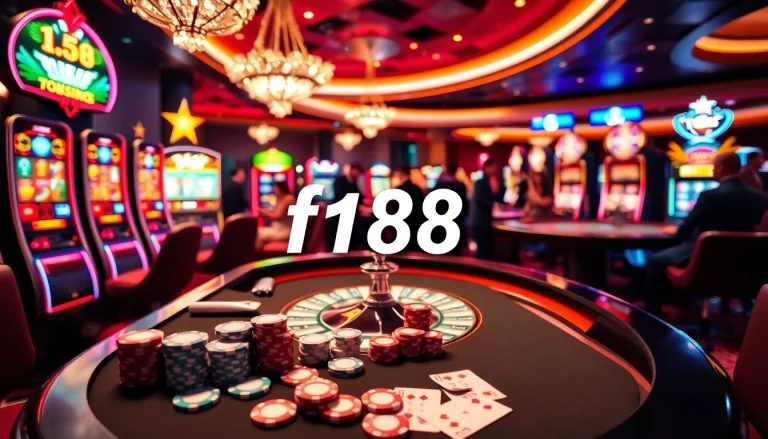 Experience the excitement of f168 as players engage at a vibrant casino table filled with chips and cards.