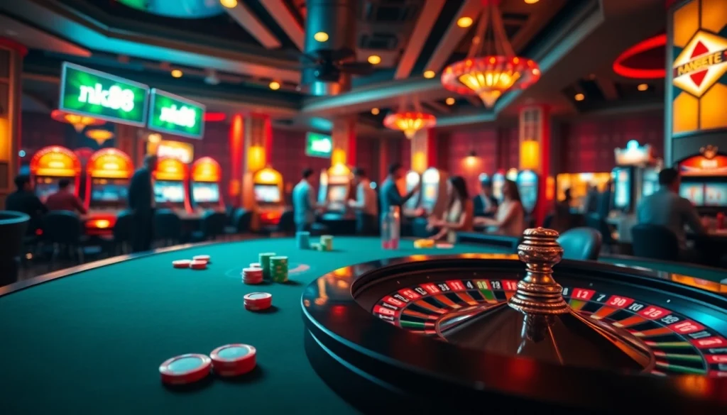 Experience thrilling casino action with nk88 at an elegant roulette table featuring poker chips.