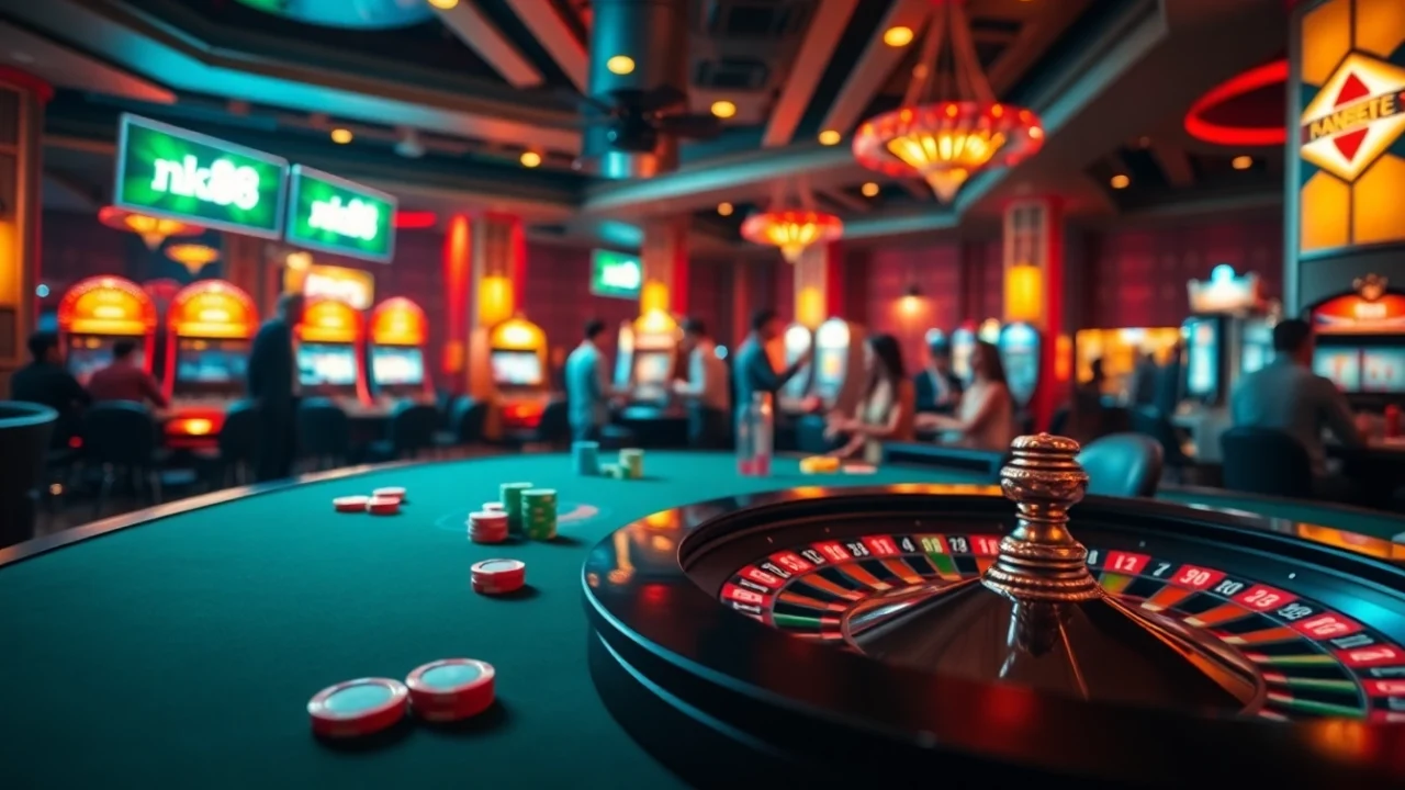 Experience thrilling casino action with nk88 at an elegant roulette table featuring poker chips.