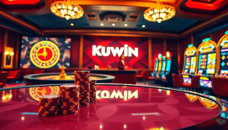 Kuwin's vibrant online casino scene showcasing luxury gaming elements like roulette and poker chips.
