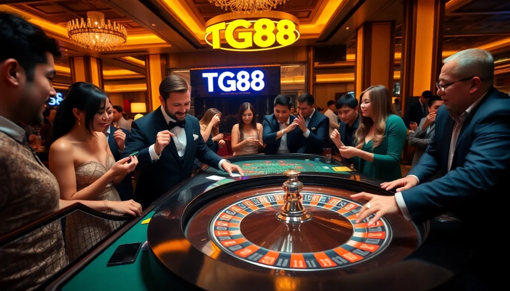 Experience the excitement of TG88 betting at a vibrant casino table with lively players and colorful chips.