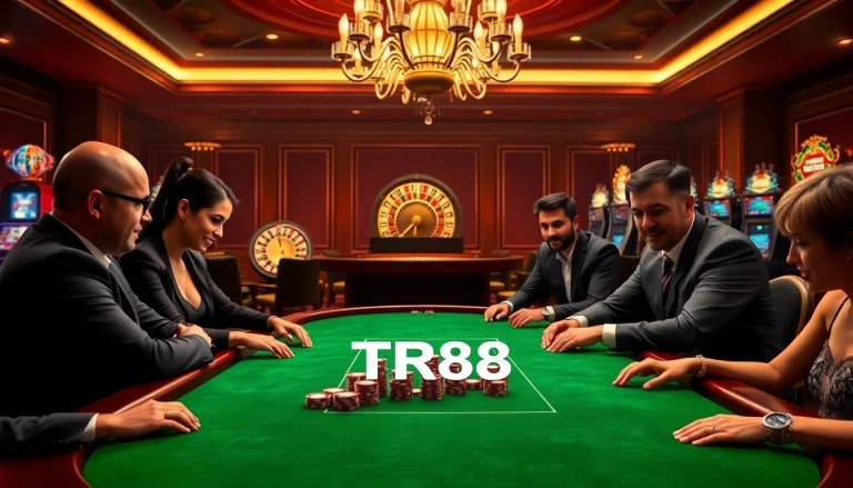 Intense poker action at a luxurious casino table with TR88 chips highlighting excitement.