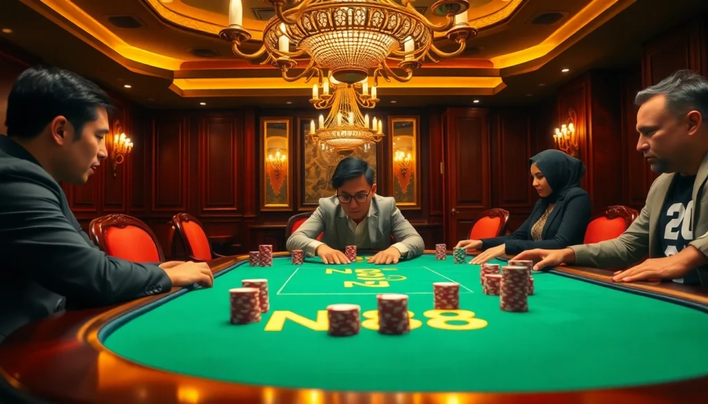 Players at a vibrant NK88 poker table strategizing for a big win in a luxurious casino.