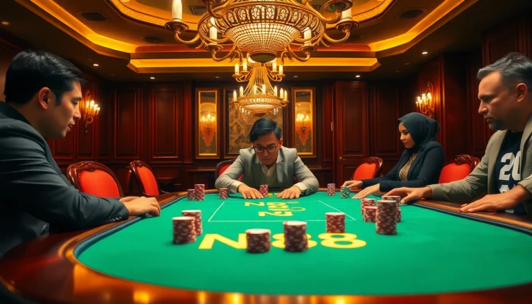 Players at a vibrant NK88 poker table strategizing for a big win in a luxurious casino.