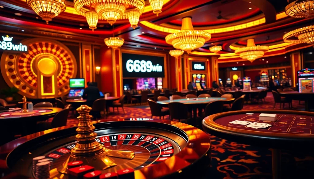 Exciting gameplay at 6789win with roulette and poker tables in a luxurious casino setting.