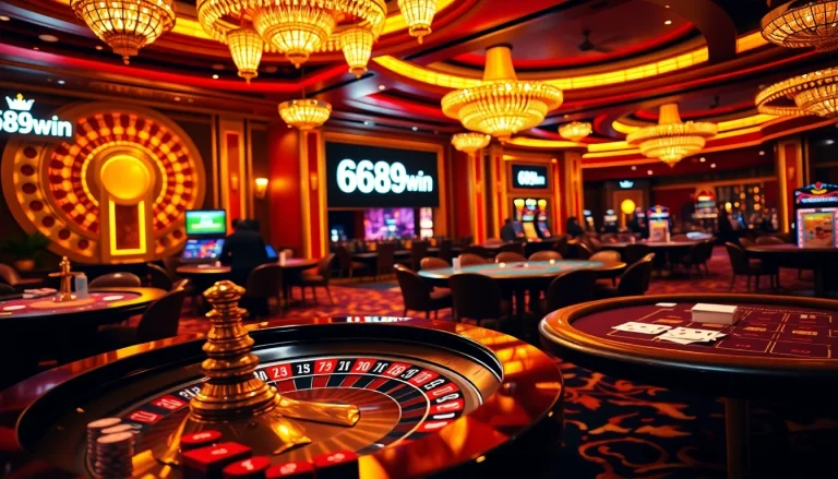 Exciting gameplay at 6789win with roulette and poker tables in a luxurious casino setting.
