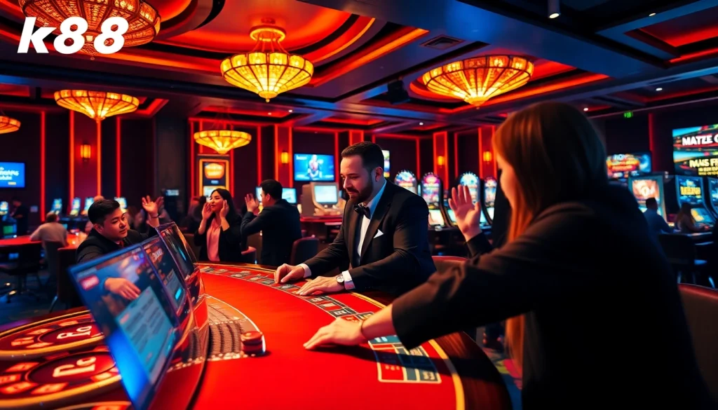 Engaging scene of k88win's live casino gaming experience featuring excited players and stylish dealer.