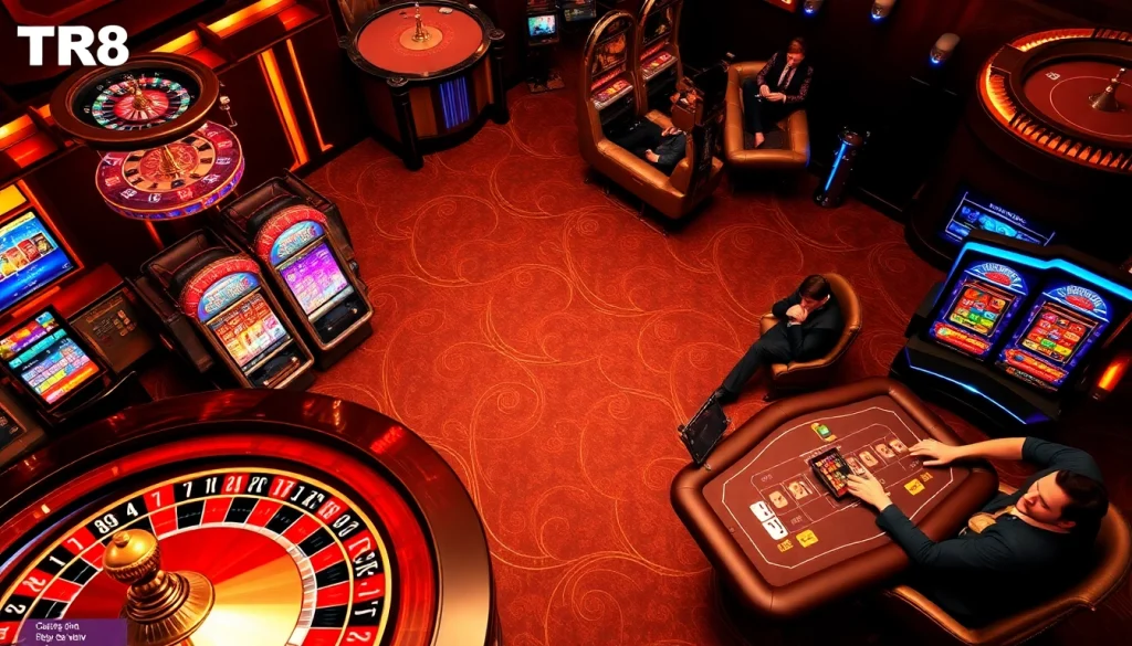 Winning strategies at TR88 casino, showcasing vibrant slot machines and poker action.