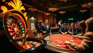 Experience high-stakes gaming action with ZT9398 at a luxury casino featuring roulette, poker, and vibrant slots.