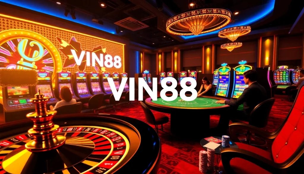 VIN88 casino scene showcasing roulette and poker tables, embodying excitement and professionalism.
