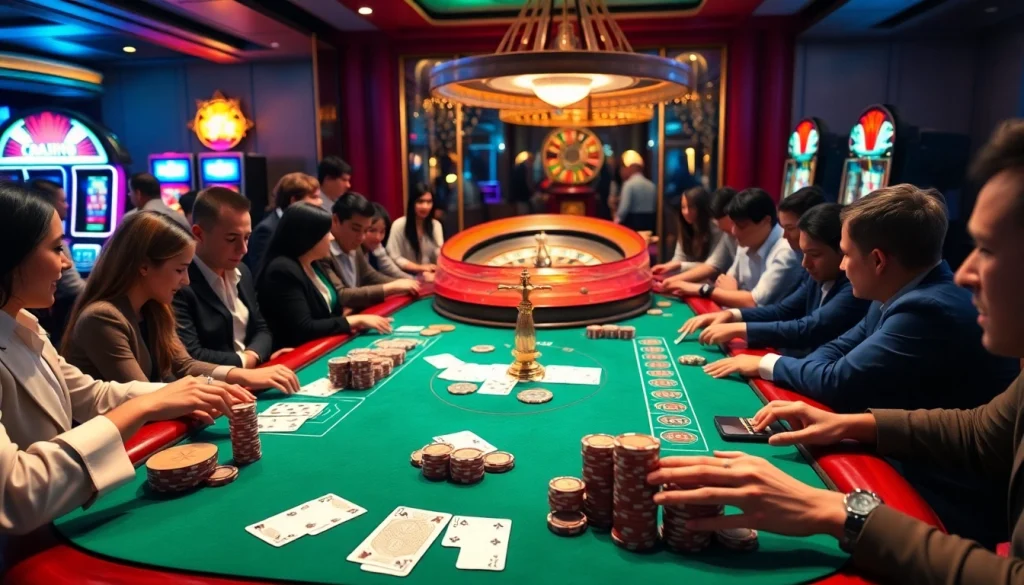 Experience luxury and excitement at the trang chu 98win casino table with players immersed in the game.