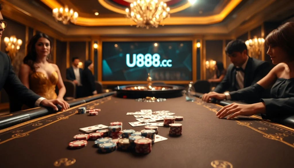 Engaged players at a luxurious poker table showcasing U888.cc's thrilling casino atmosphere.