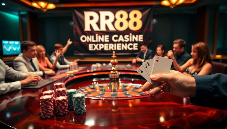 Experience the thrill of betting at RR88 with an exciting casino environment showcasing roulette and poker.