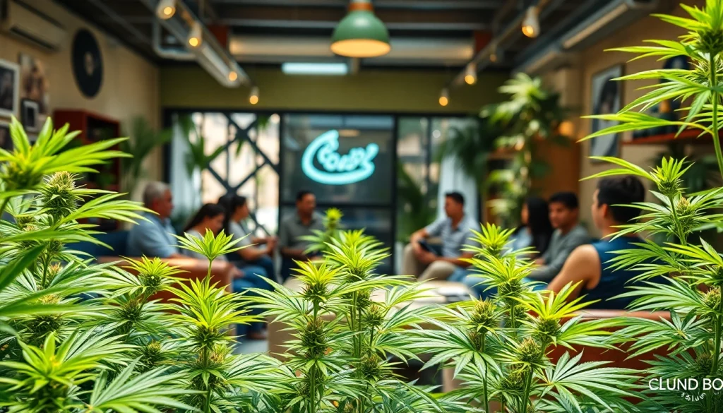 Kunden genießen entspannte Atmosphäre im Cannabis Club Lloret De Mar mit grünen Pflanzen.