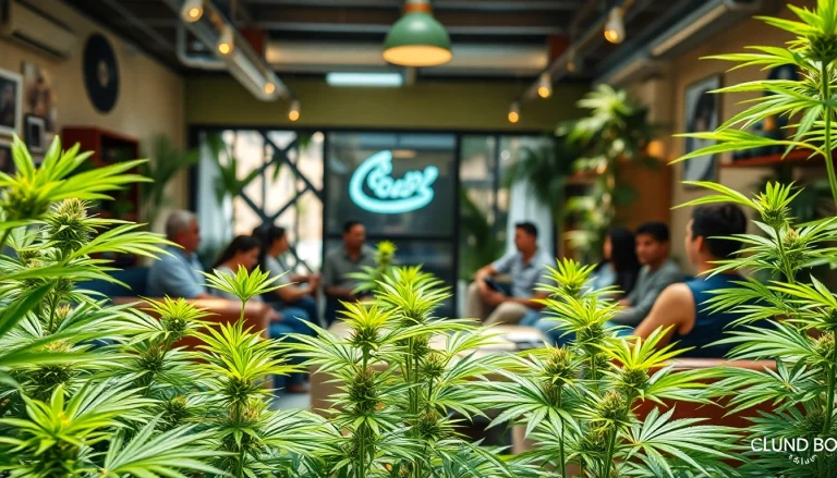 Kunden genießen entspannte Atmosphäre im Cannabis Club Lloret De Mar mit grünen Pflanzen.